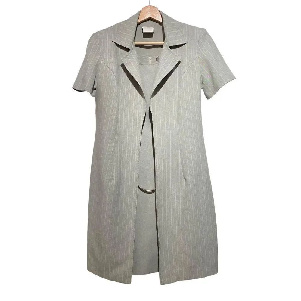 Vintage Two Piece Business Suit Sheath Academia Sage Green Pinstriped Suit Dress